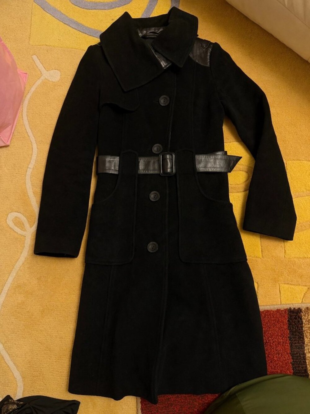 Mackage Black Wool Coat - Genuine Leather Trim, Belted Button Front - XS